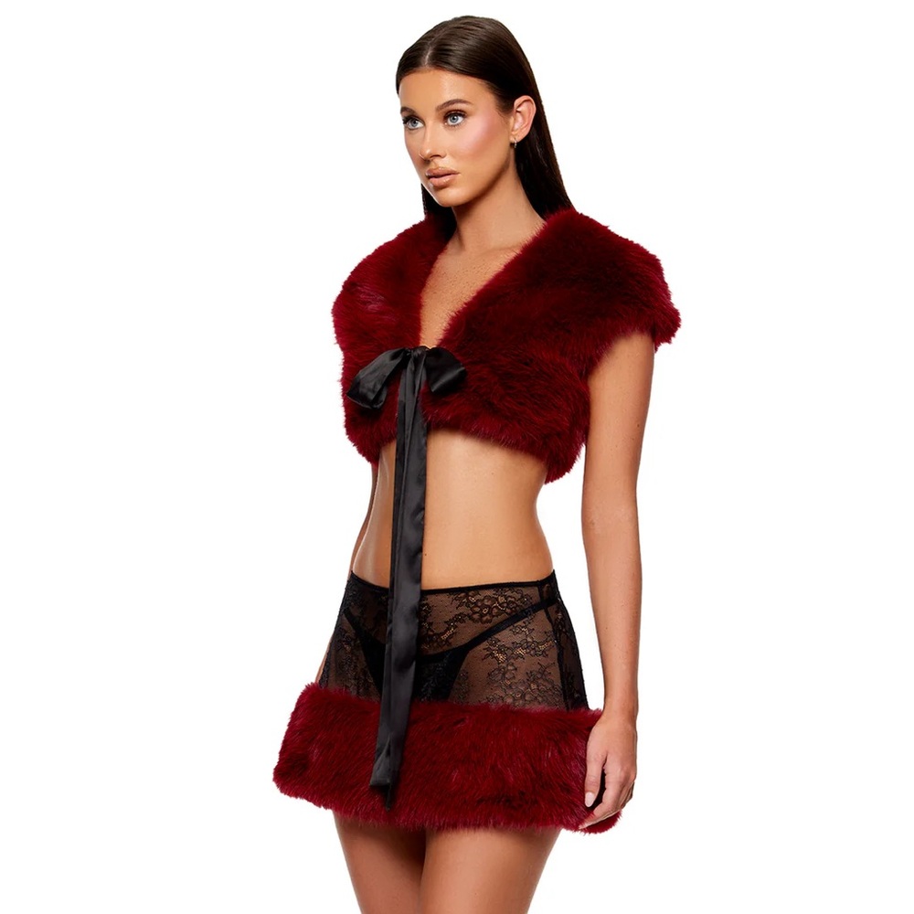 Red Fur Trimmed lace Lingerie Set apres ski mountain winter valentines holiday